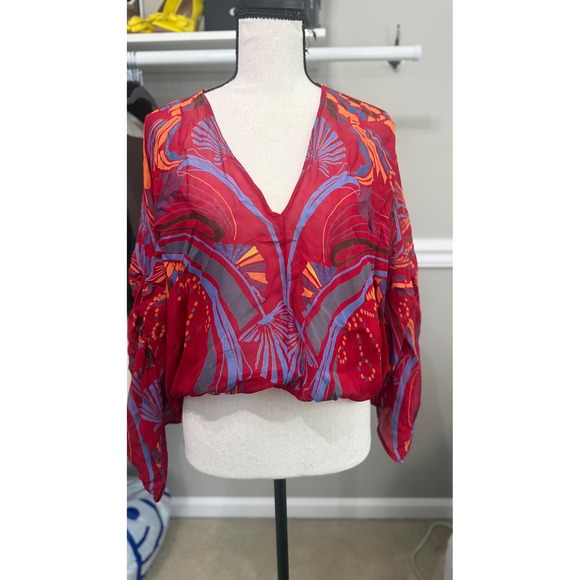 Free People Tops - Free People Boho Abstract Print Kimono Crop Top Red Wide Sleeve Blouse S